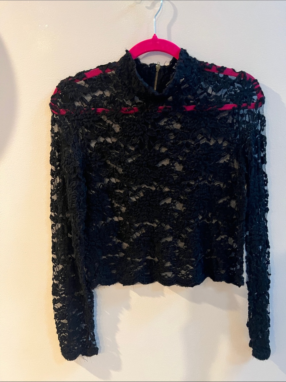 Black Sheer Lace Long-Sleeve Mock Neck Top
